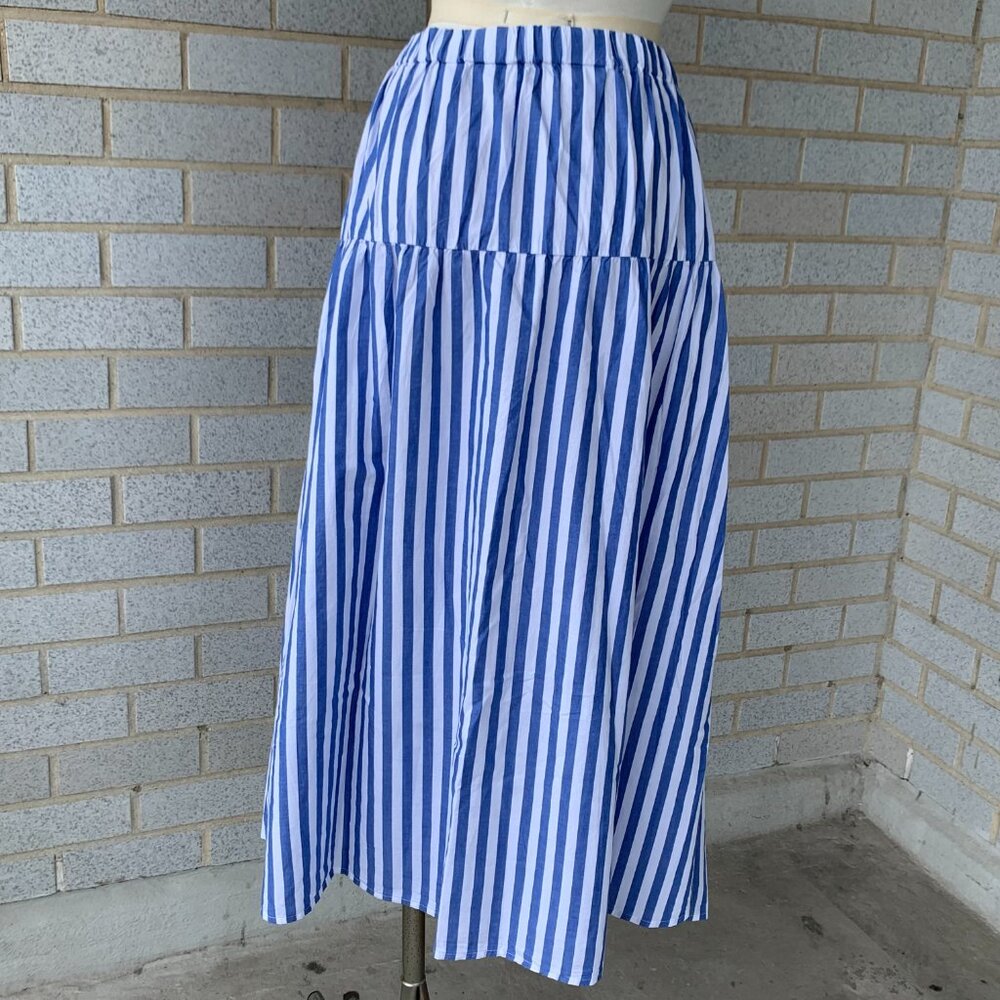 Dropped-Waist Midi Skirt Color: chambray/blue stripe SIZE 2X - Picture 7 of 8